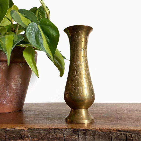 Beautiful Small Vintage Floral Etched Brass Vase